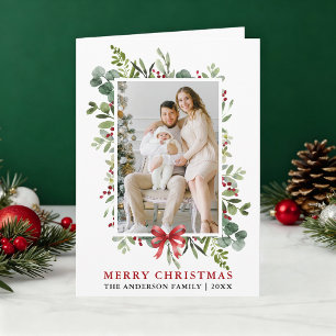 Watercolor Greenery Merry Christmas Red Bow Fold Holiday Card