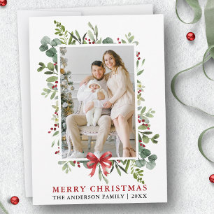 Watercolor Greenery Merry Christmas Red Bow Holiday Card