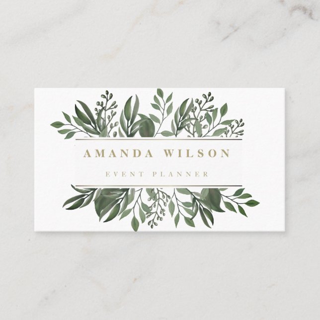 Watercolor Greenery Modern Business Card (Front)