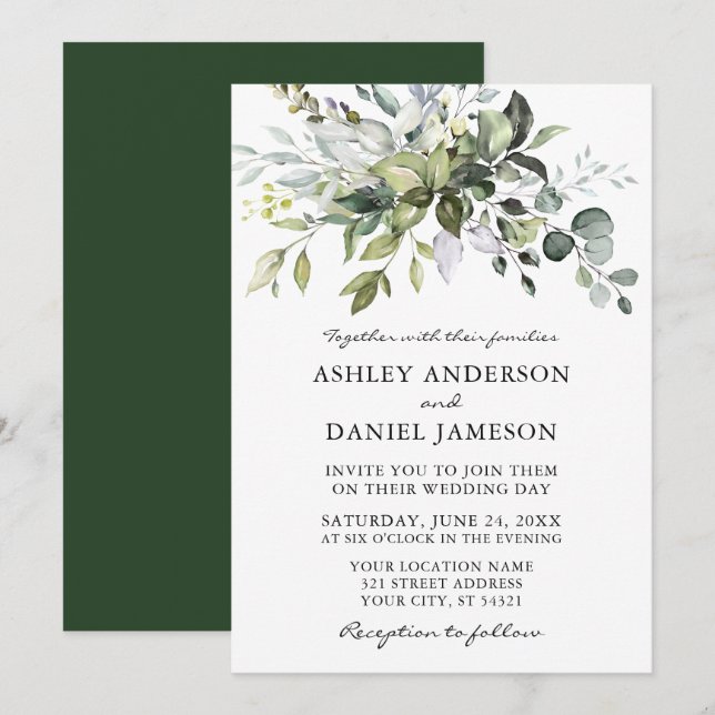 Watercolor Greenery Modern Elegance Wedding Invitation (Front/Back)