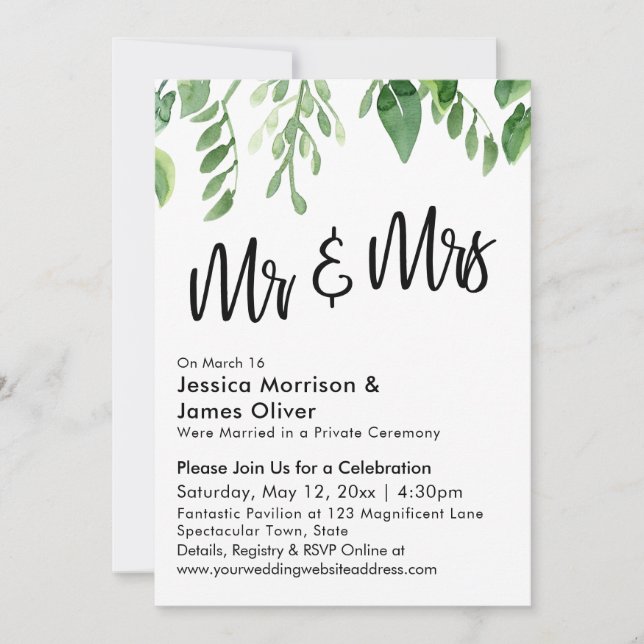 Watercolor Greenery Mr & Mrs Post-Wedding Party Invitation (Front)