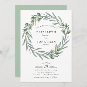 Watercolor greenery olive wreath wedding invitation