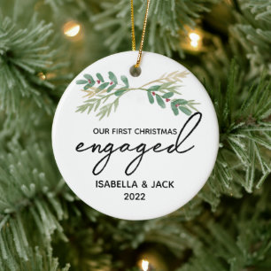 Watercolor Greenery Our First Christmas Engaged Ceramic Tree Decoration