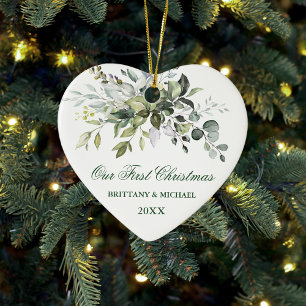 Watercolor Greenery Our First Christmas Heart Ceramic Tree Decoration