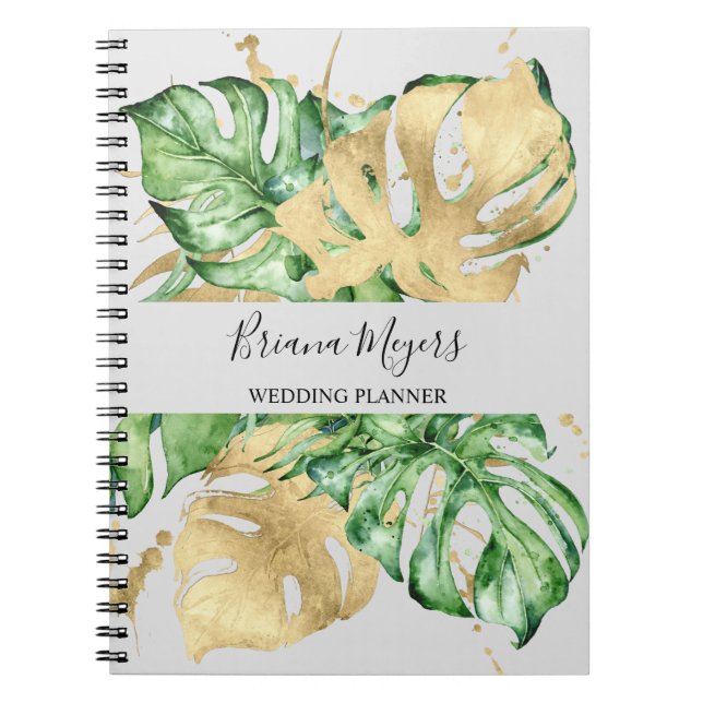 Watercolor Greenery Palm Leaves Gold Business Sand Notebook (Front)