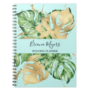Watercolor Greenery Palm Leaves Gold Teal Business Notebook