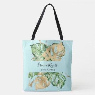 Watercolor Greenery Palm Leaves Gold Teal Tropical Tote Bag