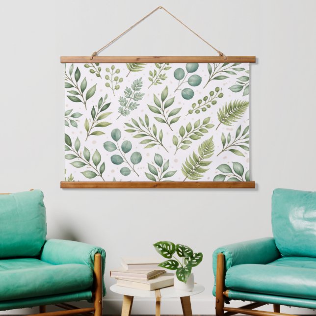 Watercolor Greenery Pattern | Botanical Leaves  Hanging Tapestry (Living Room)