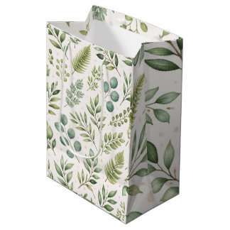 Watercolor Greenery Pattern | Botanical Leaves Medium Gift Bag