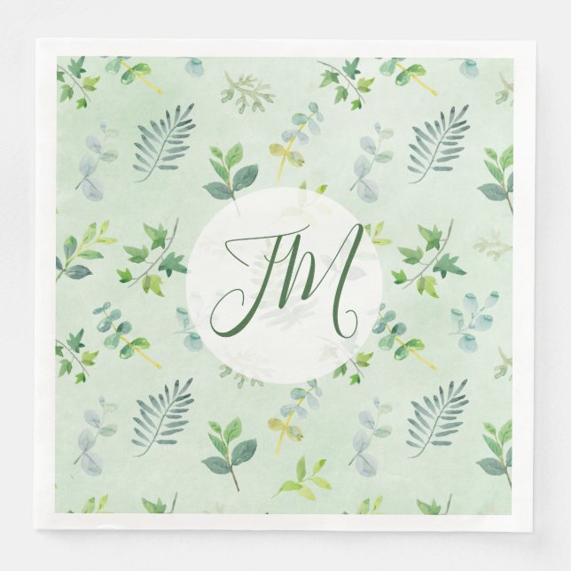Watercolor Greenery Pattern Monogram Wedding Napkin (Front)