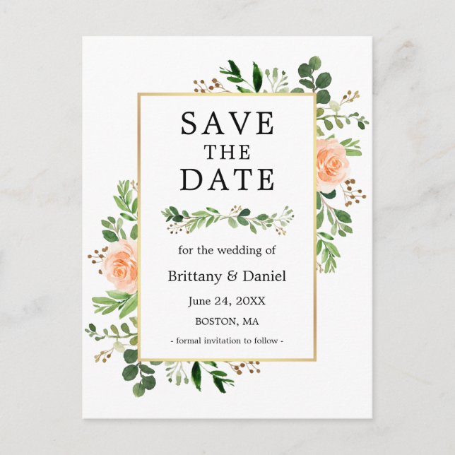 Watercolor Greenery Peach Floral Save The Date Postcard (Front)