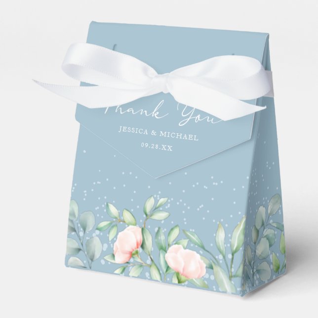 Watercolor Greenery Peach Roses Dusty Blue Wedding Favour Box (Front Side)