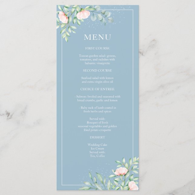 Watercolor Greenery Peach Roses Dusty Blue Wedding Menu (Front)