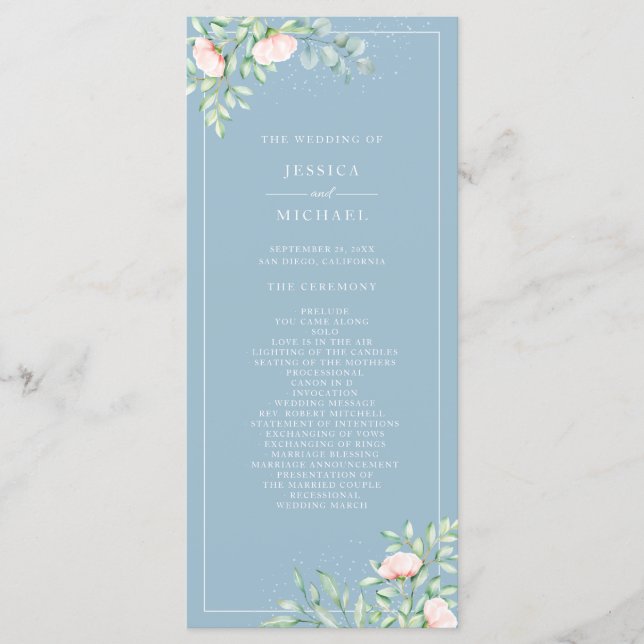 Watercolor Greenery Peach Roses Dusty Blue Wedding Programme (Front)