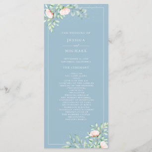 Watercolor Greenery Peach Roses Dusty Blue Wedding Programme