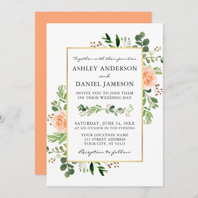 Watercolor Greenery Peach Roses Wedding Invitation (Front/Back)