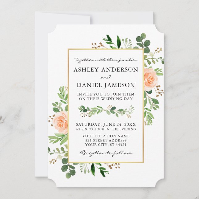 Watercolor Greenery Peach Roses Wedding Invitation (Front)