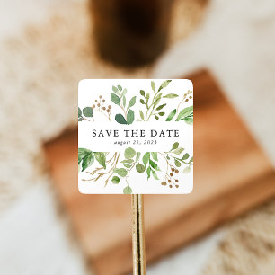 Watercolor Greenery Personalised Save The Date Square Sticker