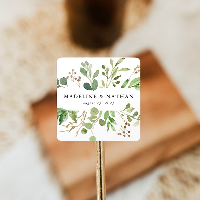 Watercolor Greenery Personalised Wedding Square Sticker (Creator Uploaded)