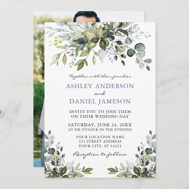 Watercolor Greenery Photo Back Dusty Blue Wedding Invitation (Front/Back)