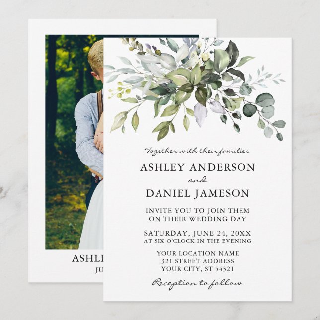 Watercolor Greenery Photo Back Wedding Invitation (Front/Back)