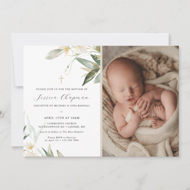 Watercolor Greenery Photo Baptism Invitation (Front)