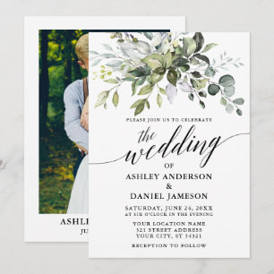 Watercolor Greenery Photo Calligraphy Wedding Invitation