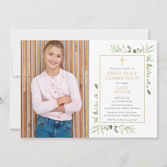 Watercolor Greenery Photo First Holy Communion Invitation (Front)
