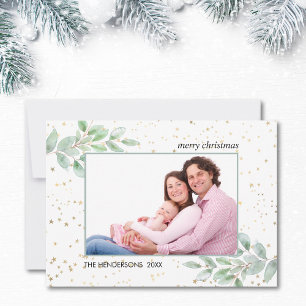 Watercolor Greenery Photo Gold Stars Christmas Holiday Card