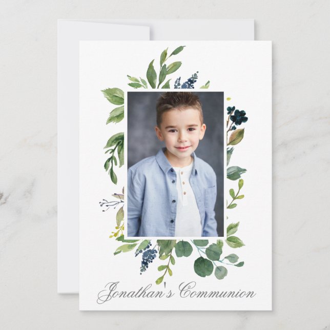Watercolor Greenery Photo Holy Communion Silver Invitation (Front)