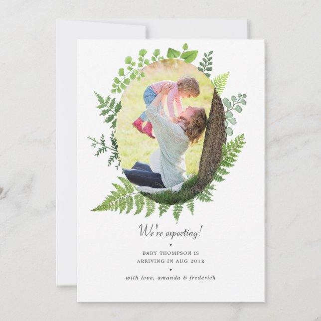 Watercolor Greenery Photo Pregnancy Announcement (Front)