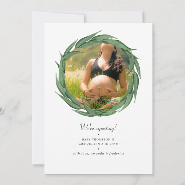 Watercolor Greenery Photo Pregnancy Announcement (Front)