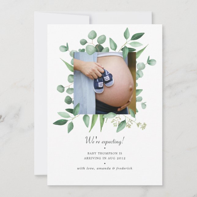 Watercolor Greenery Photo Pregnancy Announcement (Front)