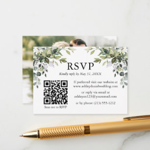Watercolor Greenery Photo QR RSVP Wedding Enclosure Card