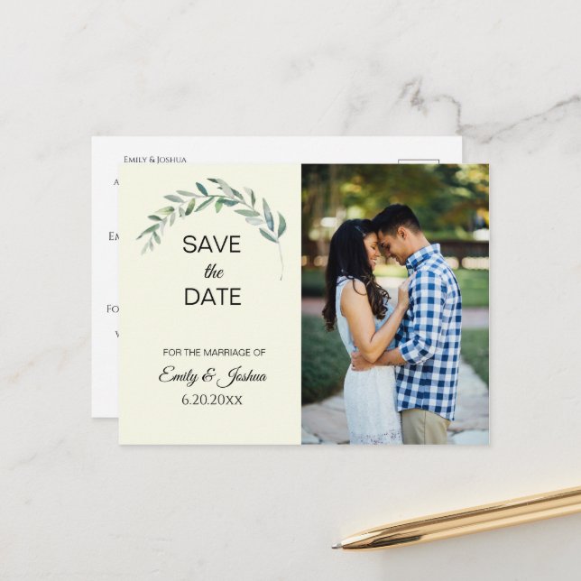 Watercolor Greenery | Photo Save the Date Announcement Postcard (Front/Back In Situ)