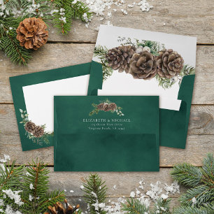 Watercolor Greenery Pine Cone Winter Wedding Envelope