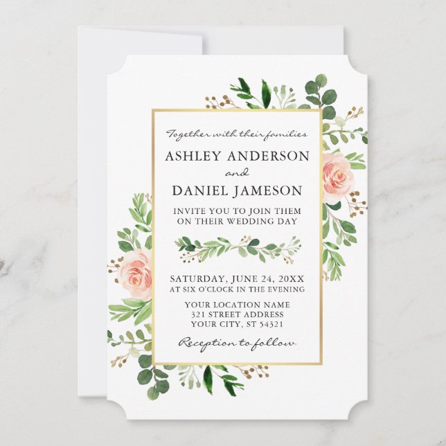 Watercolor Greenery  Pink Blush Roses Wedding Invitation (Front)