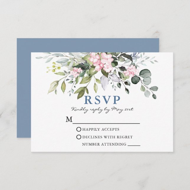 Watercolor Greenery Pink Dusty Blue Wedding RSVP Card (Front/Back)