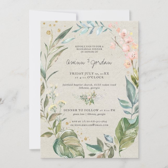 Watercolor Greenery | Pink Floral Rehearsal Dinner (Front)