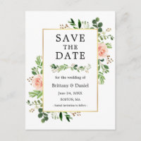 Watercolor Greenery Pink Floral Save The Date