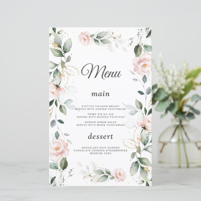 Watercolor Greenery Pink Flowers Gold Wedding Menu (Standing Front)