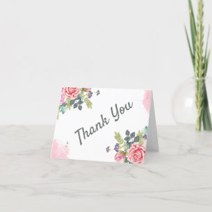 Watercolor Greenery Pink Flowers Thank You Card