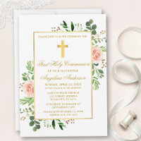 Watercolor Greenery Pink Roses First Communion