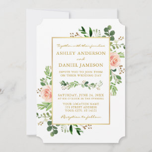 Watercolor Greenery Pink Roses Gold Wedding Invitation