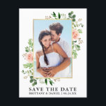 Watercolor Greenery Pink Roses Save The Date Postcard<br><div class="desc">Modern Watercolor Eucalyptus Greenery Pink Roses Frame Save The Date Photo Engagement Announcement Postcard - Gold Frame</div>