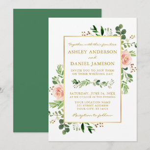 Watercolor Greenery Pink Roses Wedding Gold Invitation