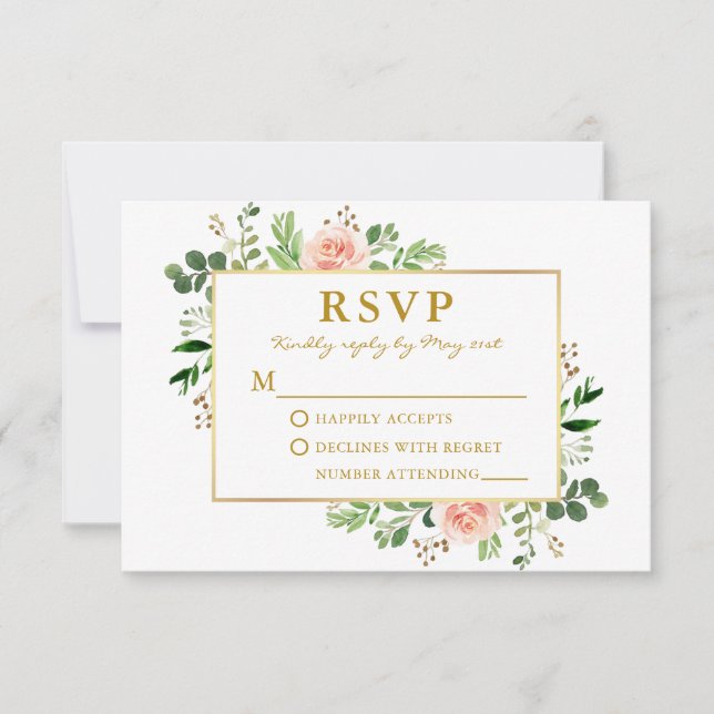 Watercolor Greenery Pink Roses Wedding Gold RSVP Card (Front)