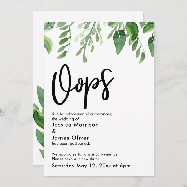 Watercolor Greenery Postponed Wedding "Oops" Card (Front/Back)