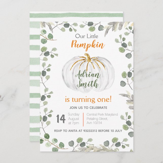 Watercolor Greenery Pumpkin 1st Birthday Invitation (Front/Back)