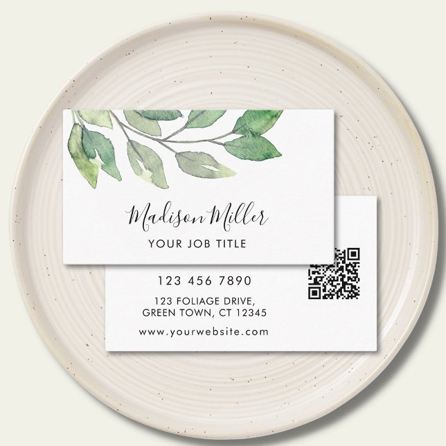 Watercolor Greenery QR Code Business Card (Creator Uploaded)
